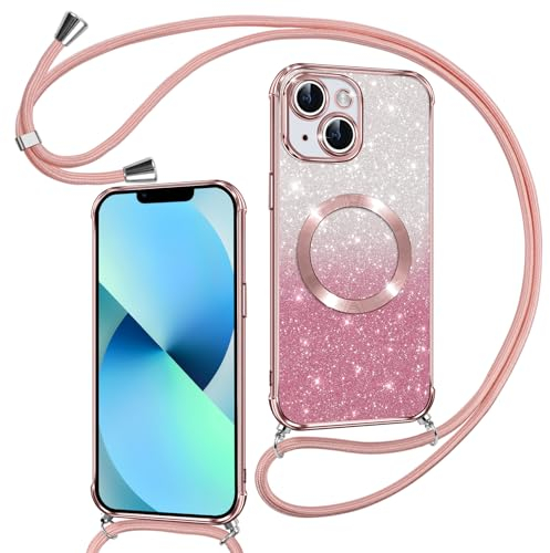 Phoona Handyband Hülle für iPhone 13 mit Band [kompatibel mit MagSafe], Luxuriöse Glitzer Beschichtung Magnetische Handyhülle für iPhone 13 Silikon TPU Stoßfest Schutzhülle, Rosa