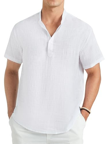 Enlision Mens Linen Shirts Short Sleeve Summer Beach Holiday Henley Shirt Lightweight Plain White Grandad Collar Shirts for Men Button Tops L