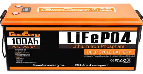 Batterie CloudEnergy LiFePO4 24V 100Ah, Puissance Max. 2560W Batterie Lithium BMS 100A, 6000+ Cycles de Vie, durée de Vie de 10 Ans, idéale pour la Marine, Le Solaire et Les Camping-Cars.…