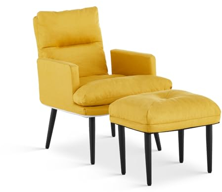 TUKAILAI Relaxsessel mit liegefunktion,Fernsehsessel mit Hocker, Ohrensessel mit Metallbeinen, Fußhocker, Liegesessel mit schlaffunktion, Polstersessel,Sessel Wohnzimmer, tv Sessel, Leinen Gelb