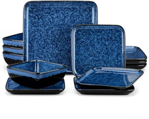 vancasso Stern 12-Piece Square Responsive Stoneware Dinner Set with Plates, Dessert Plates, Bowls for 4, Blue