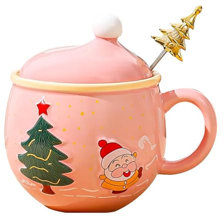 Tazza di Natale in ceramica con Cucchiaio dell'albero di Natale, 350ML Tazza di caffè natalizia carina Regalo di Natale per donne uomini bambini per Latte Macchiato, Americano, Cappuccino (Rosa)
