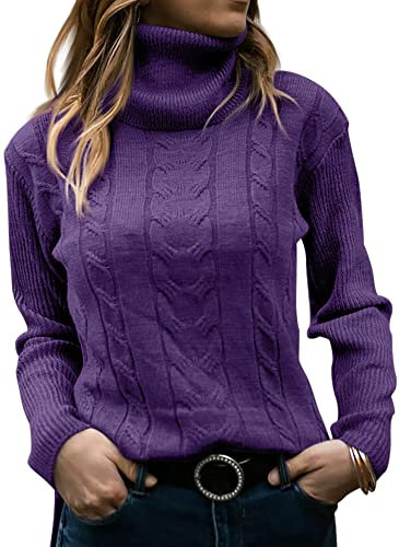GeGekoko - Maglione da donna dolcevita, elegante, a maniche lunghe, in maglia spessa, casual, morbido, viola., M