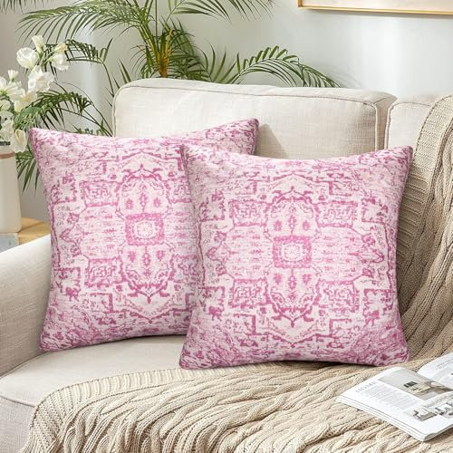 2er Set Böhmische Kissenbezug 45 x 45 cm Boho Kissenbezüge Leinen Rosa Indian Abstrakte Square Dekorative Kissenhülle Doppelseitig Zierkissenbezüge Outdoor Kissen für Sofa Schlafzimmer