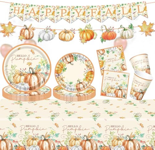 70P Thanksgiving Party Tableware Decorations,Autumn Maple Paper Cups Napkins Plates Fall Maple Leaves Table Cloth,Harvest Pumpkin Banner Happy Fall Paper Dinnerware for Autumn Harvest Dining Supplies