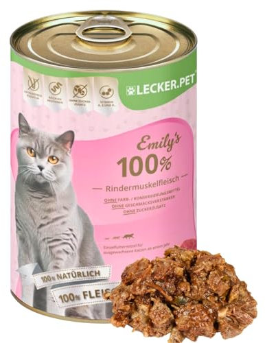 Lecker.Pet® | 18 x 400 g Emily's 100% Rindermuskelfleisch Katzen Nassfutter | Hochwertiges Katzenfutter aus Rind | Glutenfrei & ohne Zuckerzusatz | Natürlich & ohne Zusatzstoffe | Reich an Proteinen