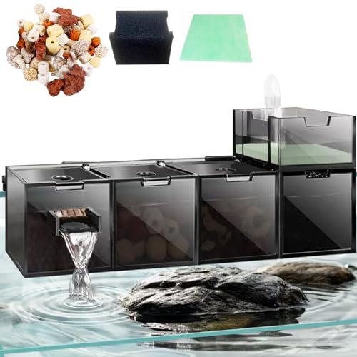 Aquarium External Filter Box With Waterfall, 4 Grids Hang On Filter for Fish Tank, Hydroponics Water Purifier With Oxygen Increase System for Restaurant Home (Black)