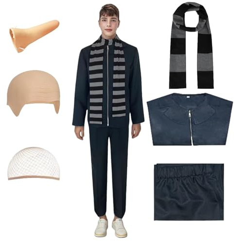 Buyoem Gru Kostüm schwarz grau gestreift Schal Zubehör Set Halloween Gru Cosplay Kostüm für Erwachsene Herren