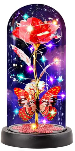 FAYODO Die Schöne und das Biest Ewige Rose, Blumen Geschenke für Mama, Rose in Einer Glaskuppel mit LED Licht Holzsockel für Freundin Frau am Weihnachten Muttertag Geburtstag Valentinstag Jahrestag