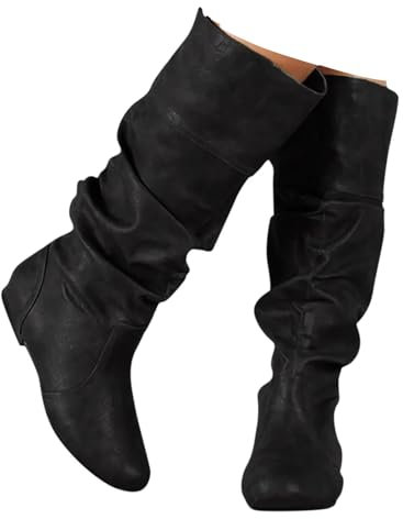 Stivali alti al ginocchio da donna, stivali bassi da infilare, con punta arrotondata, tacco basso, Nero 1, 40 EU