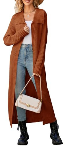 Les umes Womens Long Cardigan Sweaters Open Front Lapel Knit Sweater Long Sleeve Maxi Outwear Coat Caramel L