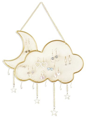 SHILIPAIJC Portagioie da Parete - Scaffali da Parete Portagioie Orecchini Organizzatore - Porta Orecchini in Metallo con 6 Ganci Bracciali Collane Display Regalo per Ragazze Donne (Luna＆Nuvola)