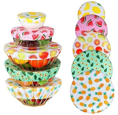 Kellegour 5 Pièces Couvercle en Tissu Alimentaire,Couvre Bols Réutilisables,Couvercles Extensibles,Housse élastique pour Aliments,Couvercles Réutilisables pour Bols,Pots,Tasses(Motif Fruits)