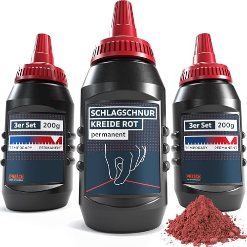 PRESCH Schlagschnurkreide Rot - 3x Kreidepulver à 200g - Klare, sichtbare Linien dank intensivem rot - Perfekt für den Einsatz im Outdoor Bereich dank Wetterfester Kreidefarbe - Schlagschnur Pulver