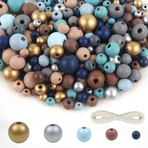 TOAOB 600 Stück Natürliche Runde Blau Serie Holzperlen set 6 mm bis 14 mm Gemischte Größe Runde Holzperle Basteln mit Loch für DIY Schmuck Herstellung