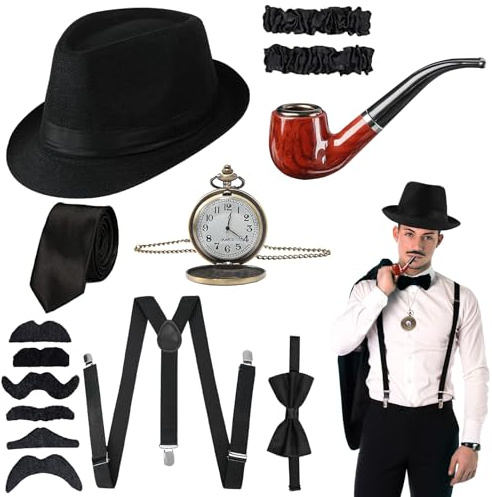 Shyllin 20er Jahre Herren Accessoires, Mafia Karneval Kostüm Herren Gatsby, Peaky Blinders Kostüm,Halloween Faschingskostüme Bier Kostüm,Gangster Hut Hosenträger Taschenuhr Fliege Rohr Krawatten Bärte