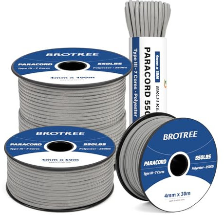 Brotree 550 Paracord 4mm 30m Schnur 100% Polyester Seil Reißfest Typ III 7 Kern für Armbänder, Basteln, Outdoor, Camping, Survival - Grau