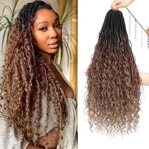 XIIMENALU Boho Faux Locs Crochet Hair 8 Packs Goddess Soft Curly Ends Pre-Looped Bohemian River Locs Extensions for Black Women (1B/30/27#, 24Inch(Pack of 8))
