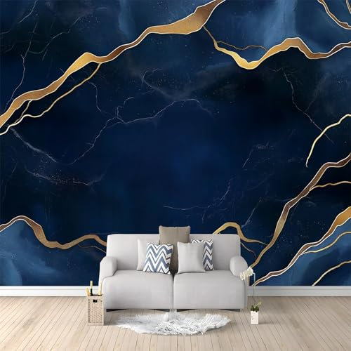 Papier Peint Mural Salon Marbre Or Bleu 350x256 cm Papier Peint Panoramique Intissé Moderne, Décoration Murale Poster Tableaux Muraux Imprimé 3D Tapisserie Photo