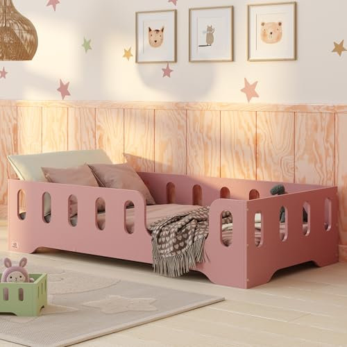 smartwood Bodenbett 90x200 Rosa - Montessori Kinderbett aus Holz mit FSC-Zertifikat TILA 2P mit Rausfallschutz & Lattenrost bis 230kg belastbar - Einfache Montage