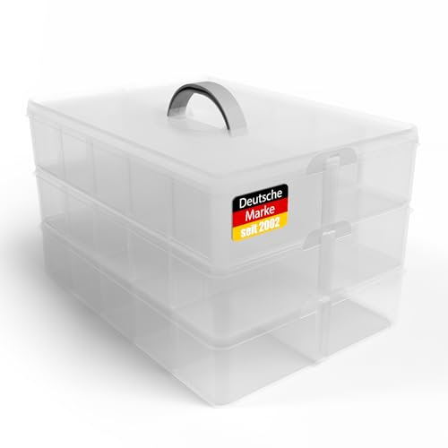 BigDean Sortierbox Aufbewahrung mit Griff, Transparent, 24 x 18,5 x 16 cm, 3 Etagen m. 21 Fächern,für Spielzeug,Büro-Utensilien,Bastel-Material,Kleinteile