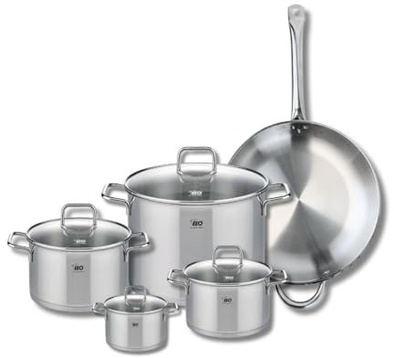 ELO 9501250 Batterie de cuisine 5 pièces, Set de 1 Poêle de cuisson 32 cm et 4 faitouts 12, 16, 20 et 26 cm Elo Profi Citrin, inox, induction