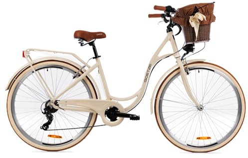 Goetze Mood Damen Citybike 28 Zoll | 18 Zoll Aluminiumrahmen | 7-Gang Kettenschaltung | V-Bremse | LED-Beleuchtung | Rattankorb | Gepäckträger | Tiefeinsteiger | Komfortsattel