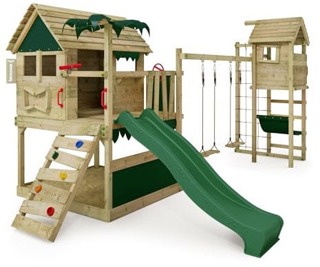 FATMOOSE Spielturm Klettergerüst TikaTaka Town XXL mit Turmanbau, Schaukel & grüner Rutsche, Outdoor Kinder Kletterturm mit Sandkasten Leiter & Spiel-Zubehör für den Garten