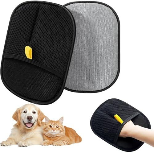 YUNYU Grooming Gloves Set of 2 | Gentle Cat Hair Remover with Double Side | Antistatic Gloves for Dogs & Cats - Gentle on the Skin (Black/Grey, Yellow Lanyard)