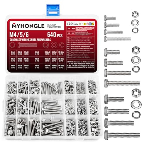 640 Stück Sechskantschrauben und Muttern Unterlegscheiben Set, M4 M5 M6 Gewindeschrauben Set, Maschinenschrauben mit Muttern Unterlegscheiben Sortiment Set Vollgewinde für Reparatur (640)