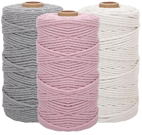Abiemuce Makramee Garn, 3mm x 100m Macrame Cord MakrameeSchnur MakrameeKordel, Baumwollkordel in Naturtönen für DIY Handwerk, Weben Dekoration, Hängepflanze Pflanze Aufhänger, 100%Baumwollseil (3PCS)