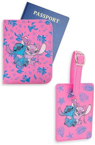 Disney Lilo & Stitch Stitch & Angel Pink Passport Holder & Luggage Tag Set | Travel Document Organiser with Leaf Pattern | Retro Cartoon Style Merch