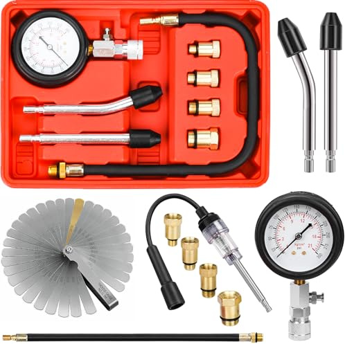 HATANSE Kompressionstestare för Bensinmotorer Kompressor Testverktyg 0-20 Bar - 0-300 PSI med Glödstiftstester, Tjockleksmätare och 4 Anpassning M10 M12 M14 M18