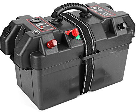 Vroomoto Motor Battery Box, Power Center for Small Boats with Built-in Battery Meter and Accessories, Fits Group 24 and 27 Batteries, Easy Access Terminals and 12V Port