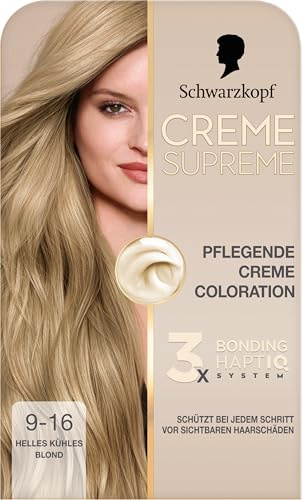 Schwarzkopf Creme Supreme Coloration 9-16 Helles Kühles Blond (182 ml) | Dauerhafte Haarfarbe mit Serum und Haar-Maske, schützt vor sichtbaren Haarschäden, intensive Farbe für 100% Grauabdeckung