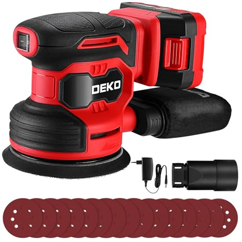 DEKOPRO 20V Lijadora Excéntrica Inalámbrica con 1 Batería de 2,0 Ah, Lijadora de 125 mm Madera 13000 RPM, Incluye 15 Hojas de Lija, Apta para Proyectos de Bricolaje en Madera, Rojo