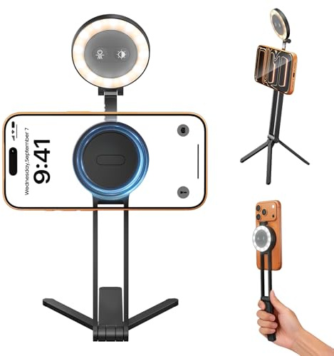 Maectech 2 in 1 Magnetic Selfie Light Tripod for iPhone for Magsafe Tripod | magnetic adsorption,phone mount smartphone stand selfie stick with fill light for iPhone accessories,3 color temps brightness