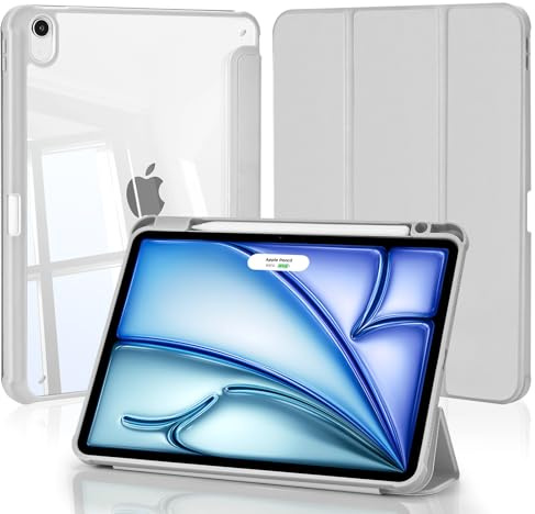 4UBonLife Coque pour iPad Air 11 Pouces M4/M3/M2 2026/2025/2024, iPad Air 5/4 (10,9 2022/2020) avec Porte-Pencil, Housse de Protection Transparente Claire Arrière Étui Antichoc Tablette, Gris Clair