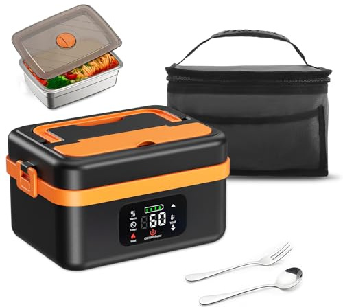TLPEMN Fiambrera Electrica, 1L Inteligente Taper Electrico para Comida con Pantalla Táctil, Fiambrera Termica Portátil con Vajilla de Acero Inoxidable y Bolsa Aislante para Coche Oficina Viajes