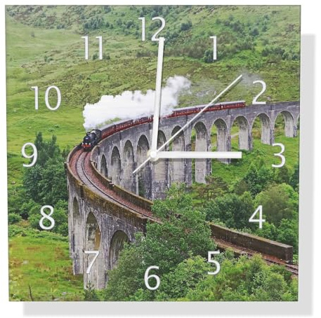 Wallario Design Wanduhr Dampfzug auf Viadukt aus Aluverbund, Alu-Uhr Größe 30 x 30 cm, weiße Zeiger mit Metalloptik