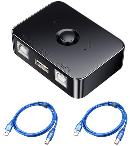 Conmutador Manual Impresora USB 2.0, 2 Puertos USB B, Switch USB para 2 Ordenadores Comparten 1 Impresora, Conmutador USB con Cables, Interruptor USB con LED, Incluye 2 Cables de 1,5m