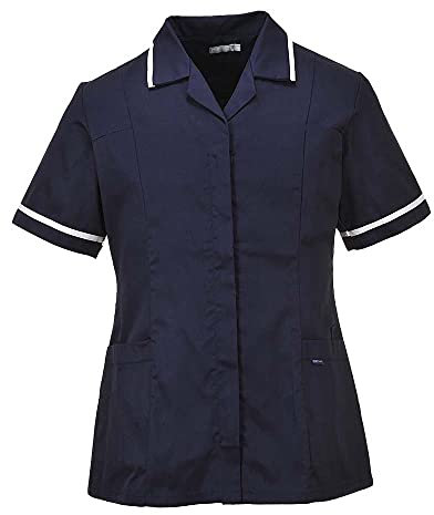 Portwest LW20 Women’s Classic Tunic Polycotton Work Uniform with Pockets Ladies Healthcare Beauty Concealed Zip Action Back Spa Salon Nail Massage Therapist Shirt Top, Navy, Medium