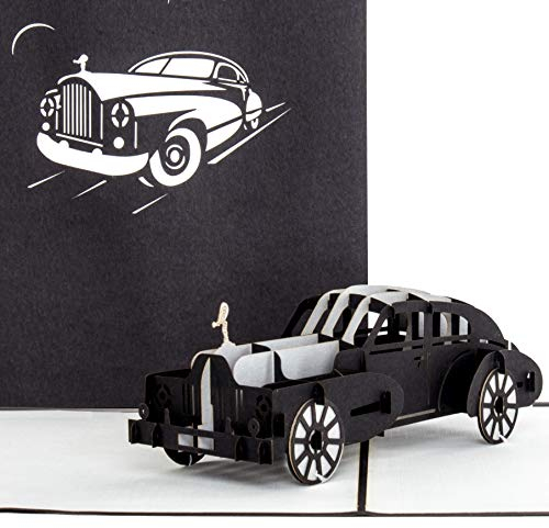 Pop Up Karte Oldtimer“ in Silber & Schwarz - 3D Geburtstagskarte, Glückwunschkarte & Karte zum Führerschein mit 3D Auto Modell als Geschenk, Geschenkverpackung und Reisegutschein