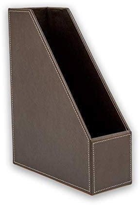 OSCO Brown Faux Leather Magazine File Holder A4 – 10 cm Wide Desk Organiser, Document & Brochure Storage, Shelf Tidy with Felt Base