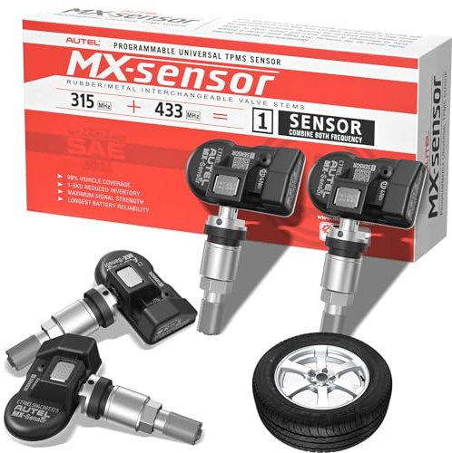 Autel MX-Sensor 315+433MHZ Doble Frecuencia TPMS Programable Sensor, Sistema Monitoreo de Presión de Neumáticos de Nivel OE, Compatible con TS408S TS508 TS601(Atornillado,Válvulas Metálicas,4 Piezas)