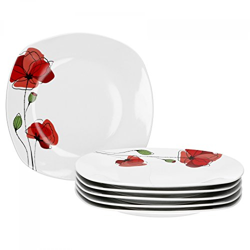 Van Well Monika - Lot de 6 assiettes plates - 255 x 255 mm - Grandes assiettes plates - Assiettes de service - Motif coquelicot rouge - Vaisselle élégante en porcelaine - Gastronomie