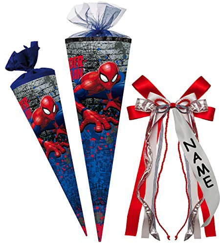 alles-meine.de GmbH Schultüte - Spider-Man/Spiderman - 35 cm - rund - incl. individueller großer 3-D Effekt Schleife - mit Namen - mit Tüllabschluß - Zuckertüte - mit /..