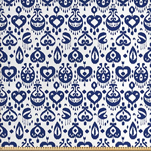 ABAKUHAUS Navy blau Gewebe als Meterware, Weinlese asiatisches Ikat, Schön Gewebten Stoff für Polster und Wohnaccessoires, 1M (148x100cm), Weiß Blau