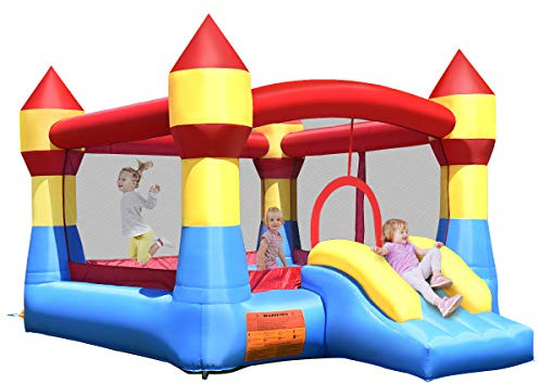 GOPLUS Hüpfburg aufblasbar, Springburg bunt, Hüpfschloss mit Rutsche, Spielburg für Kinder, 370x280x220cm (Burg, Ohne Gebläse)