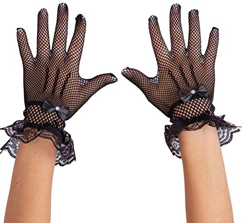 Skeleteen Dress Lace Hand Gloves - Vintage Formal Black Sheer Evening Gloves with Satin Bow and Lace Ruffle Wrist Cuffs for Women and Girls